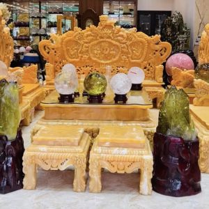 Bộ Bàn Ghế Chạm Tứ Linh - Đá Ngọc Hoàng Long, Hàng VIP